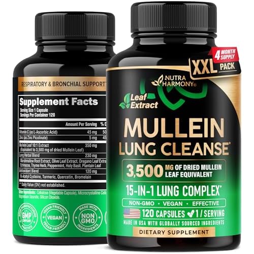Mullein Leaf Extract for Lung Detox - Marshmallow Root | Echinacea | Oregano | Quercetin | NAC - 15-in-1 Lung Support & Cleanse for Smokers Supplement