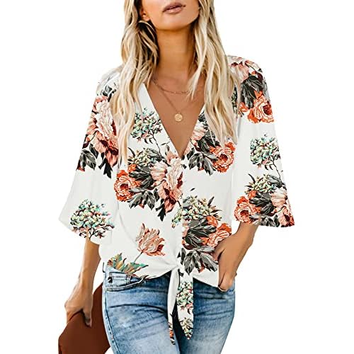 luvamia Women's V Neck Tops 3-4 Sleeve Tie Knot Floral Blouses Button Down Shirts Small Apricot