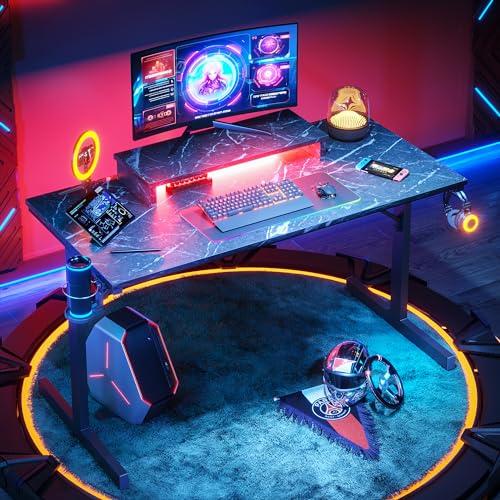 Bestier Gaming Desk with LED Lights, 42 inch Computer Desk with Monitor Stand Gamer Workstation with Cup Holder & Headset Hooks, Modern Simple Style D