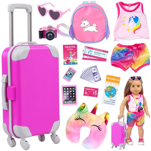 ZITA ELEMENT 24 Pcs 18 Inch American Doll Accessories Clothes and Suitcase Set Including 18 Inch Doll Clothes Suitcase Backpack and Other Travel Set 1