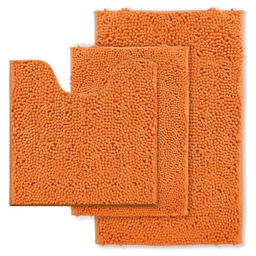 RUN HELIX Bathroom Rugs 3 Pieces Orange Bath Rugs Fall Shower Rugs with U-Shaped Contour Toilet Mat Absorbent Chenille Plush Bath Mats Non Slip Bath R