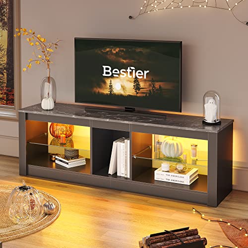 Bestier Entertainment Center LED Gaming TV Stand for 55+ Inch TV Adjustable Glass Shelves 22 Dynamic RGB Modes TV Cabinet Game Console PS4, Black Marb