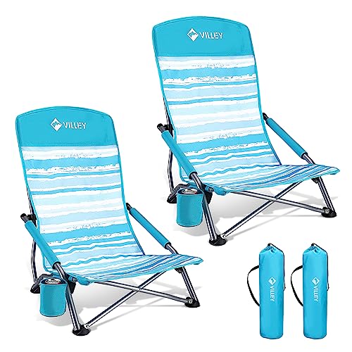 VILLEY Low Beach Chairs for Adults 2 Pack, High Back Folding Beach Chairs, Lightweight and Portable for Outdoor, Beach, Camping, Lawn, Music Festival,
