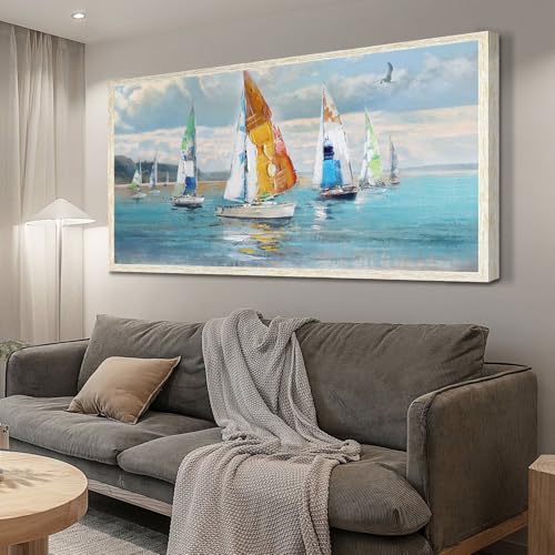 Ardemy Blue Wall Decor Living Room Large Canvas Wall Art Ocean Sailboat Wall Picture，Handmade Textured Wooden Framed Artwork for Bedroom Home Office