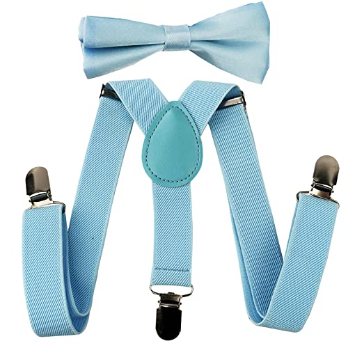 SEVENHEAD Child Kids Suspenders Bowtie Set Adjustable Elastic Y-Back Design with Strong Metal Clips for Boys and Girls Blue