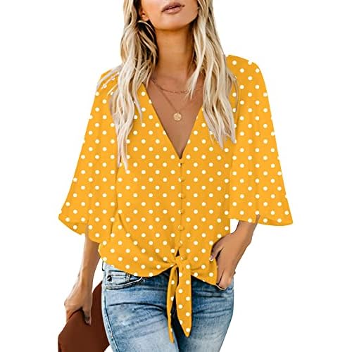 luvamia Women's V Neck Tops 3-4 Sleeve Tie Knot Floral Blouses Button Down Shirts Large Yellow