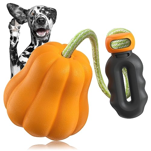 Pumpkin Dog Toy with Handle and Rope for Medium & Large Breeds, Interactive Fetch & Chew Toy for Aggressive Chewers, Fun Halloween Theme for Playtime