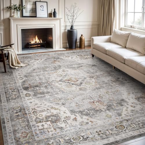 AMOAMI Area Rug - 9x12 Vintage Soft Grey Rug - Non Slip, Washable for Living Room, Bedroom, Dining Room, Office Grey 9' x 12' (Rectangular)