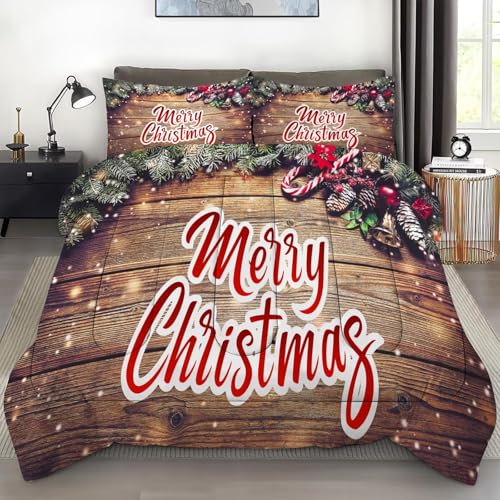 Christmas Comforter Set Twin: Christmas Bedding Sets for Kids Bedroom Wood Grain Xmas Gift Girls Women Teens Quilt Set 1 Comforter & 1 Pillowcase Lb09