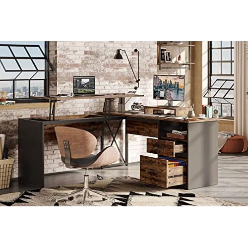 Bestier Lift Top L Shaped Desk with File Drawer, 55'' x 55'' Office Desk with Reversible Storage Drawers, L Shaped Standing Desk with Computer Monitor
