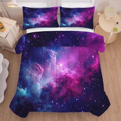 Galaxy Bedding Twin Size Purple Outer Space Comforter Set for Girls Boys Kids Children Bedroom Dorm Quilt 1 Comforter + 1 Pillow Case Lb01-19 Twin