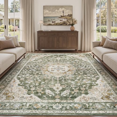 PADOOR-Vintage Area Rug 9X12 Rugs for Living Room-Soft Olive Green Rugs for Bedroom-Machine Washable Rug Non Slip Carpet-Rug for Dining Room Living Ro