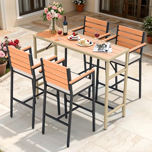 YITAHOME 5 Piece Patio Bar Set for 4 with Height Bar Table & 4 Cushioned Bar Set Bar Table and Chairs Set Outdoor Bar Set with Stool Bar Height Stools