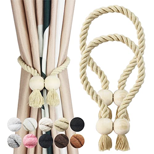 2 Pack Dark Beige Magnetic Curtain Tiebacks Cotton Hand Woven Tieback Holdback Decorative Tie Backs for Drapes with Wooden Buckle No Tools Required Da