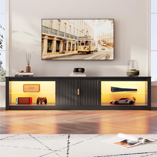 Bestier 80 Inch TV Stand for 75-85-86-90 inch TVs, LED Gaming Entertainment Center with Fluted Storage Cabinet & Adjustable Shelves, Modern High Gloss