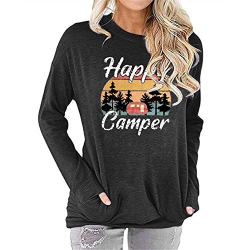 Fuyxxmer Womens Happy Camper Sweatshirt Vintage Mountain Graphic Tee Long Sleeve Pullover Blouses Top Shirts with Pockets Darkgrey Small