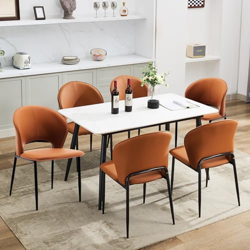 Dining Chairs Set of 6 Mid Century Modern Upholstered Chair with Metal Legs Faux Leather Mid-Back Accent Chair for Kitchen and Dining Room (Brown,6 Pa