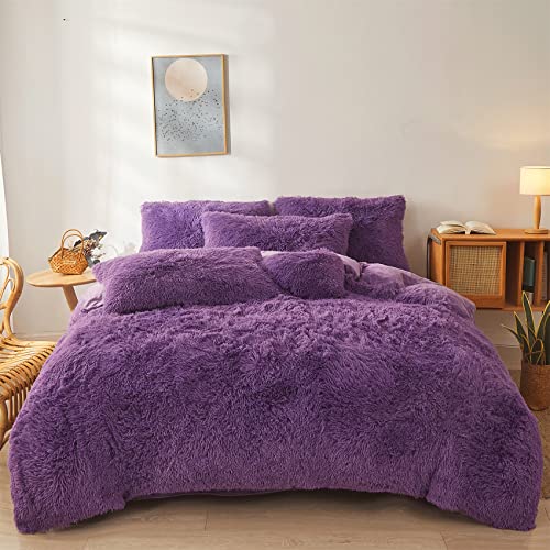 Dark Purple Faux Fur Comforter Cover Set Ultra Soft Plush Bedding Sets (1 Duvet Cover + 2 Pillow Cases) Zipper Closure (Queen, Dark Purple) Dark Purpl