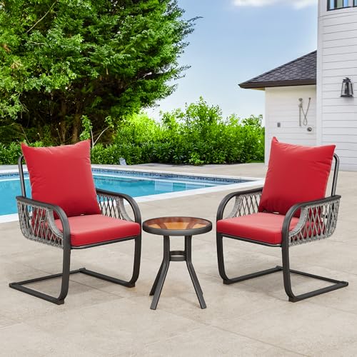 YITAHOME 3-Piece Outdoor Patio Furniture Wicker Bistro Set C Spring Motion Chairs All-Weather Rattan Conversation Chairs for Backyard, Balcony and Dec