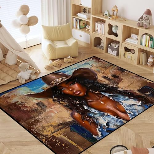 4' x 6' Girls Print Area Rug for Girls Women Men Western Carpet for Living Room Playroom Nursery Room Bedroom Aesthetic Cowboy Non Slip Throw Rug, 47"