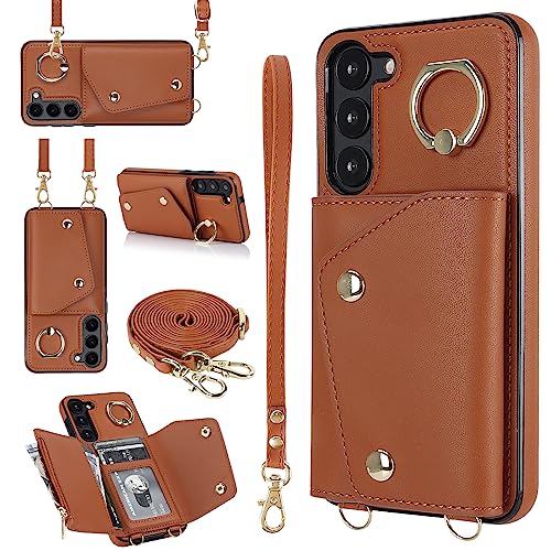for Samsung Galaxy S25 Luxury Zipper Wallet Case with Ring, Multi Card Holder Adjustable Crossbody Strap, Fashion Wallet Bag.(White) Brown S25