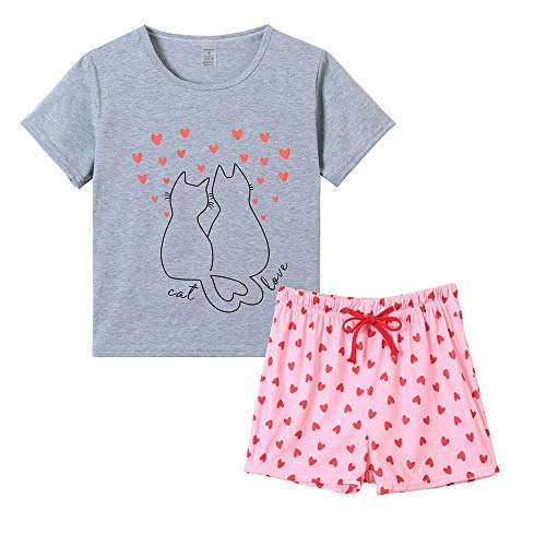 VENTELAN Pajama Set For Women Cute PJS Summer Short Sleeve Shorts Sleepwear Small Grey Cat