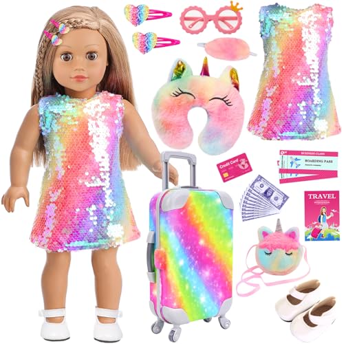 K.T. Fancy 23 Pcs American 18 Inch Doll Clothes & Accessories, Cute Doll Suitcase Set with Sequined Dress, Sunglasses, Unicorn Bag, Shoes Yellow Sequi