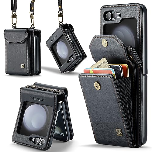 for Samsung Galaxy Z Flip 5 Accordion Crossbody Wallet Case, RFID Blocking Card Holder Slots Retro PU Leather Strap Wristlet with Magnetic Closure .Bl