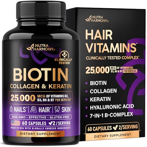 Biotin | Collagen | Hyaluronic Acid | Keratin - Clinically Tested Supplement - Hair Growth Support, Skin & Nails - 25000 mcg Vitamins B2, B3, B6 & B7
