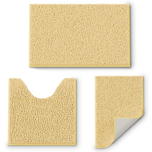 Bathroom Set 3-Piece Non-Slip Bath Mat Set, Ultra Soft Chenille Bath Rugs, Absorbent Plush Bath Mat for Tub, Shower, Cream