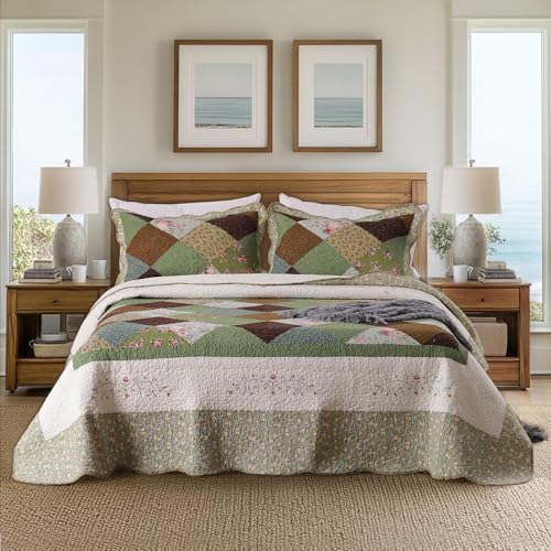 KASENTEX Authentic 100% Cotton Easy-Clean Multi Checkered Patchwork Quilt with Lavish Floral-Paisley Bedspread, Soft Hotel Luxury Bedding, Twin-Twin X