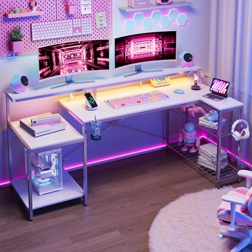 Bestier White Gaming Desk with Power Outlet, 71.5 LED Computer Desk with Monitor Stand, Large L Shaped Desk with Adjustable Shelf, Cup Holder & Headse