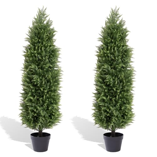 4ft Artificial Cedar Topiary Trees Set of 2 – UV Resistant Outdoor Faux Plants, Fake Evergreen Bushes & Shrubs for Porch Patio Front Door Outside Pl