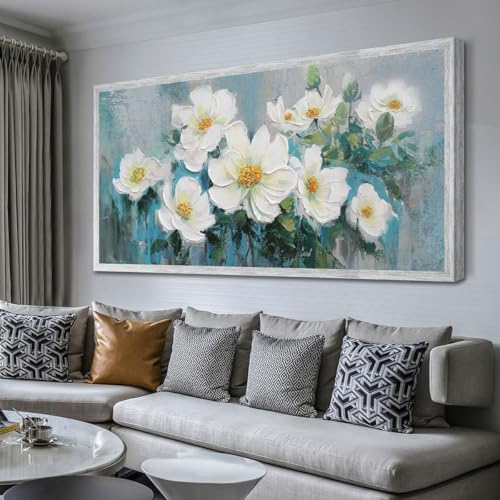 Ardemy White Flowers Wall Art Canvas Magnolia Teal Floral 3D Textured Picture Gold Turquoise Blue Painting for Living Room Bedroom Bathroom Home Offic