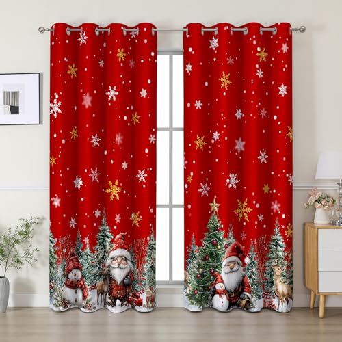 Christmas Curtains 63 Inches Long, Living Room 100% Blackout Curtains Room Darkening, Snowflke and Truck Thermal Insulated Red Plaid Drapes Grommet fo