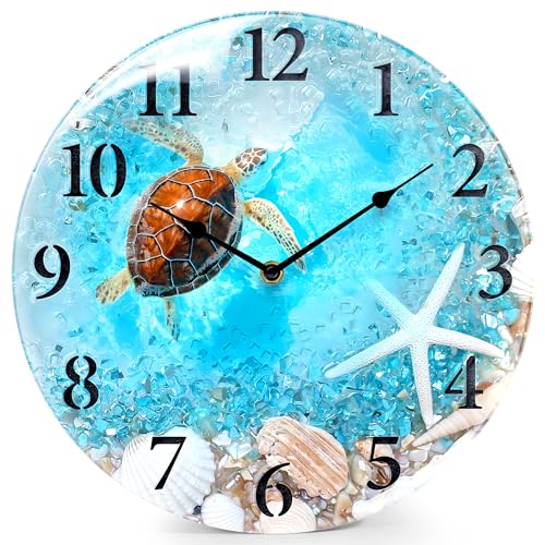 Coastal Nautical Glass Wall Clock with Seashell Design and Turtle Beach Theme - Battery Operated Silent Wall Decor for Home, Kitchen, Living Room, Off