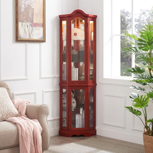 Corner Display Curio Cabinet: Lighted Arched Display Cabinets with Bar and Liquor Storage Area | Tall Wood China Cabinet with Glass Doors & Adjustable