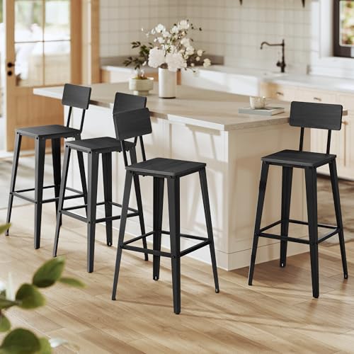 VASAGLE Set of 4 Bar Stools, Bar Height Stools, 29.1 Inches Tall Barstools with Back, Counter Bar Chairs for Kitchen Island, Steel Frame, Industrial S