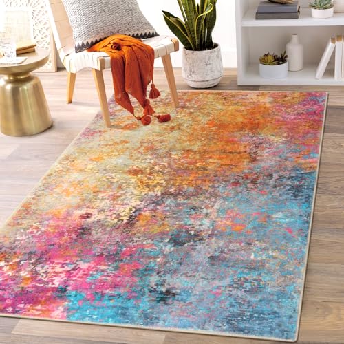 Lahome Modern Abstract Area Rug - 3x5 Washable Kitchen Rugs Colorful Bedroom Rug Non Slip Entryway Rugs, Rainbow Contemporary Indoor Floor Accent Carp