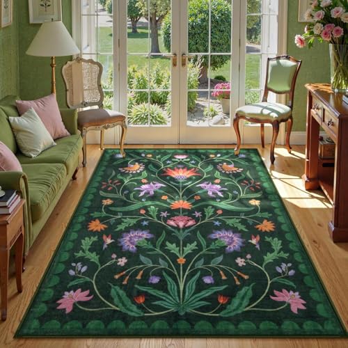 Lahome Boho Floral Washable Green 5x7 Area Rugs for Living Room, Non Slip Rugs for Bedroom Entryway, Indoor Ultra-Thin Throw Dining Room Carpet for Un