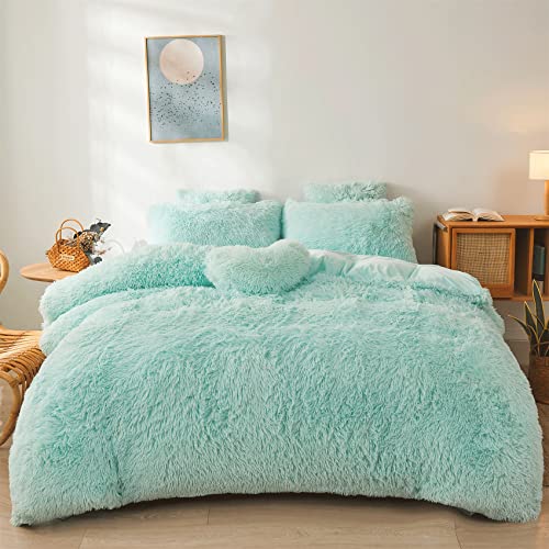 Green Comforter Cover Set - Ultra Soft Plush Bedding Set (1 Faux Fur Duvet Cover + 2 Faux Fur Pillow Cases) Mint Green, Queen Mint Green Queen