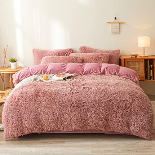 Old Pink Fluffy Comforter Cover Set King- Ultra Soft Fluffy Bedding Sets 3 Pieces (1 Duvet Cover + 2 Pillow case) Faux Fur Bed Set (Old Pink, King) Ol