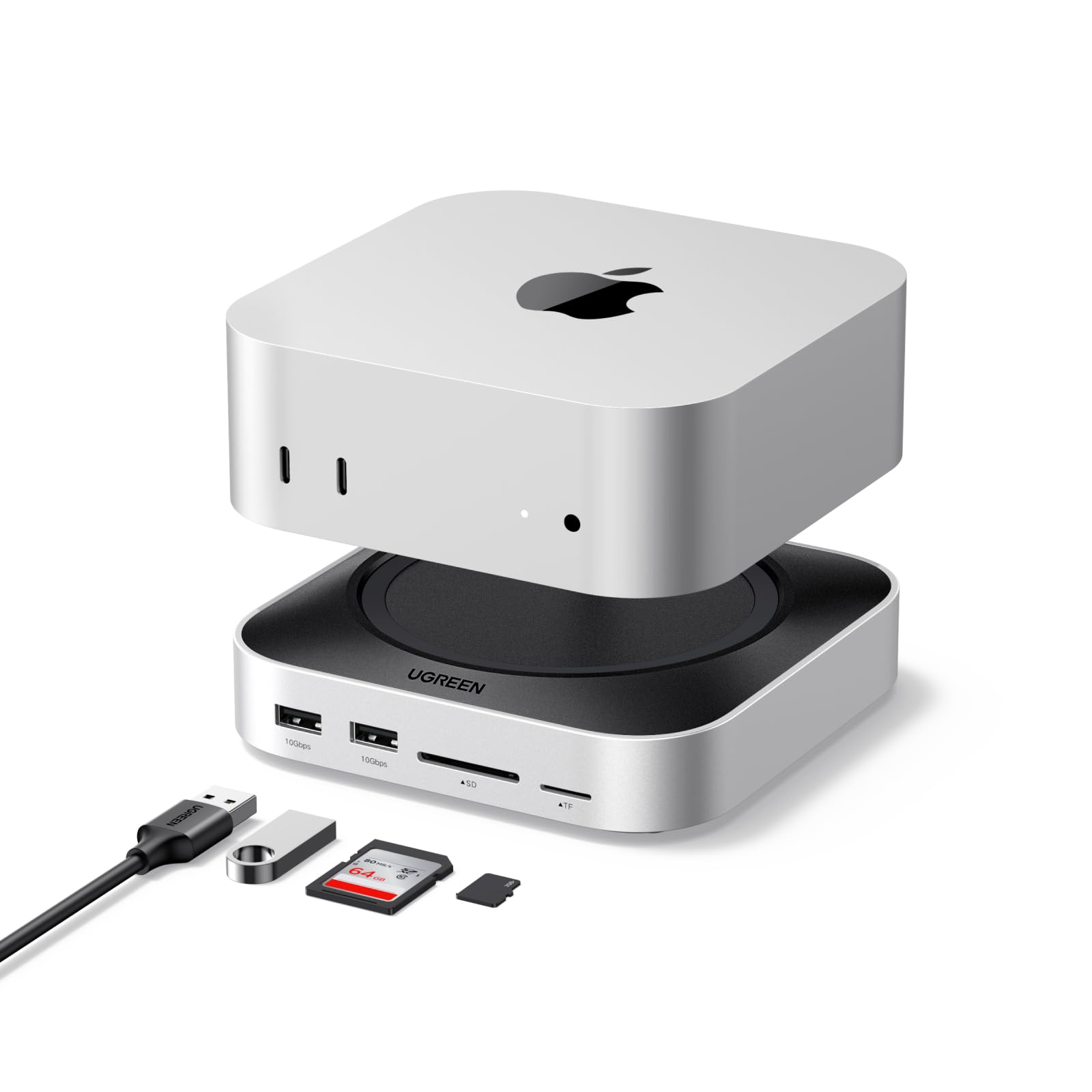 UGREEN Mac mini M4 Dock USB C Hub Dockingstation Mac mini Ständer für Mac mini M4-M4 Pro mit M.2 NVMe SSD-Erweiterung 7 USB-Anschlüsse 10Gbps SD-TF