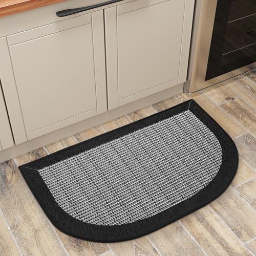 PADOOR Kitchen Mats for Floor, Kitchen Rugs Non Slip Washable, Half Circle Kitchen Floor Mat Sink Rug Rubber Backed Super Absorbent, 20”x32” Black