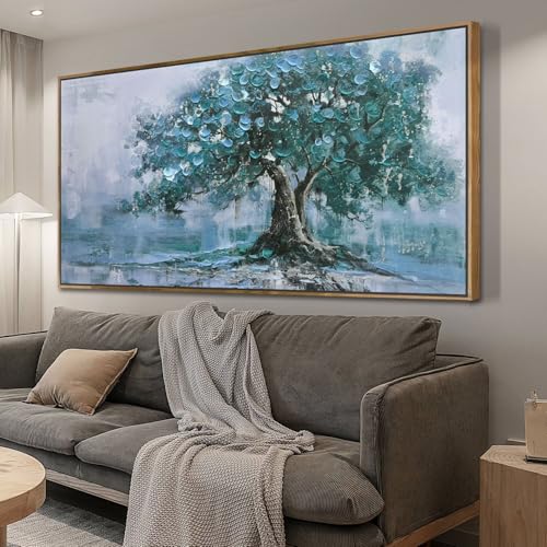 Ardemy Tree Canvas Wall Art for Living Room Framed Teal Tree of Life Wall Decor Landscape Extra Large Bedroom Picture Nature Painting Blue Artwork Hom