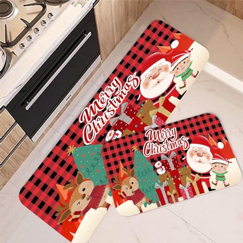Christmas Kitchen Rugs Sets of 2, Merry Floor Mats Snowman Santa Claus Reindeer Non-Slip Washable Snowflakes Xmas Rug Doormat Indoor Home Decor,16"x24