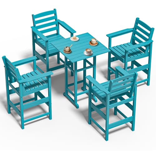 5-Pieces Outdoor Bar High Adirondack Chair Set –4 Adirondack Chairs with Bar Table,HDPE All-Weather Patio Furniture for Balcony, Backyard, Poolside