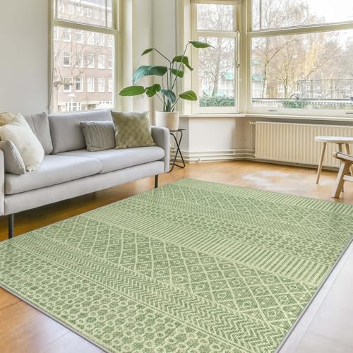 Lahome Farmhouse Geo 5x7 Rug for Living Room, Washable Sage Green Bedroom Rug Ultra-Thin 5x7 Area Rugs, Non-Slip Modern Indoor Hall Rug Floor Carpet f