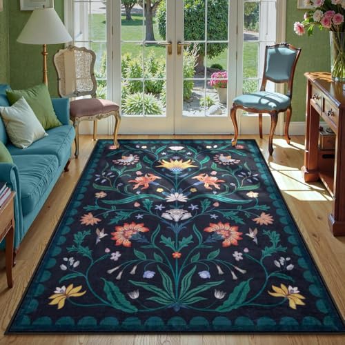 Lahome Boho Floral Washable Blue 5x7 Area Rugs for Living Room, Non Slip Rugs for Bedroom Entryway, Indoor Ultra-Thin Throw Dining Room Carpet for Und