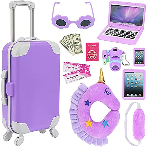 ZITA ELEMENT 16 pcs Doll Accessories Suitcase Travel Luggage for 18 Inch Carrier,Sunglasses Camera Computer Phone Pad Pillow Blindfold Passport Ticket